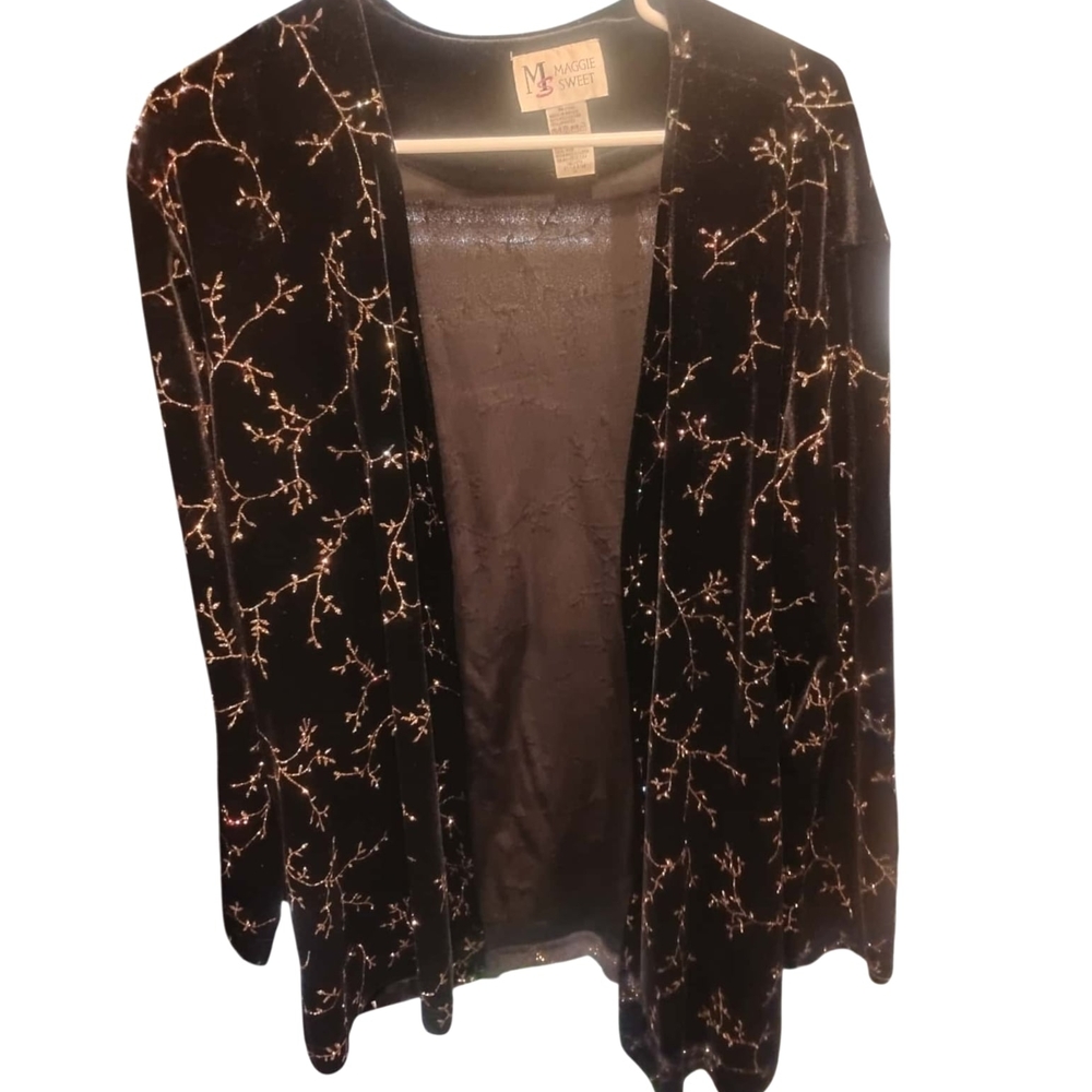 Elegant Black Velvet Cardigan with Gold Branch Design